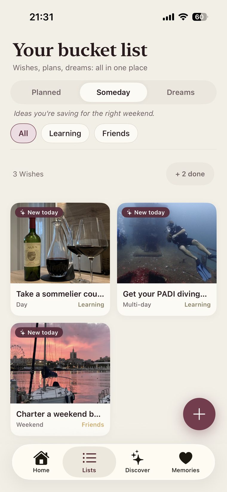The Someday list in Korby showing three saved wishes: a sommelier course, a PADI diving certificate, and chartering a weekend boat